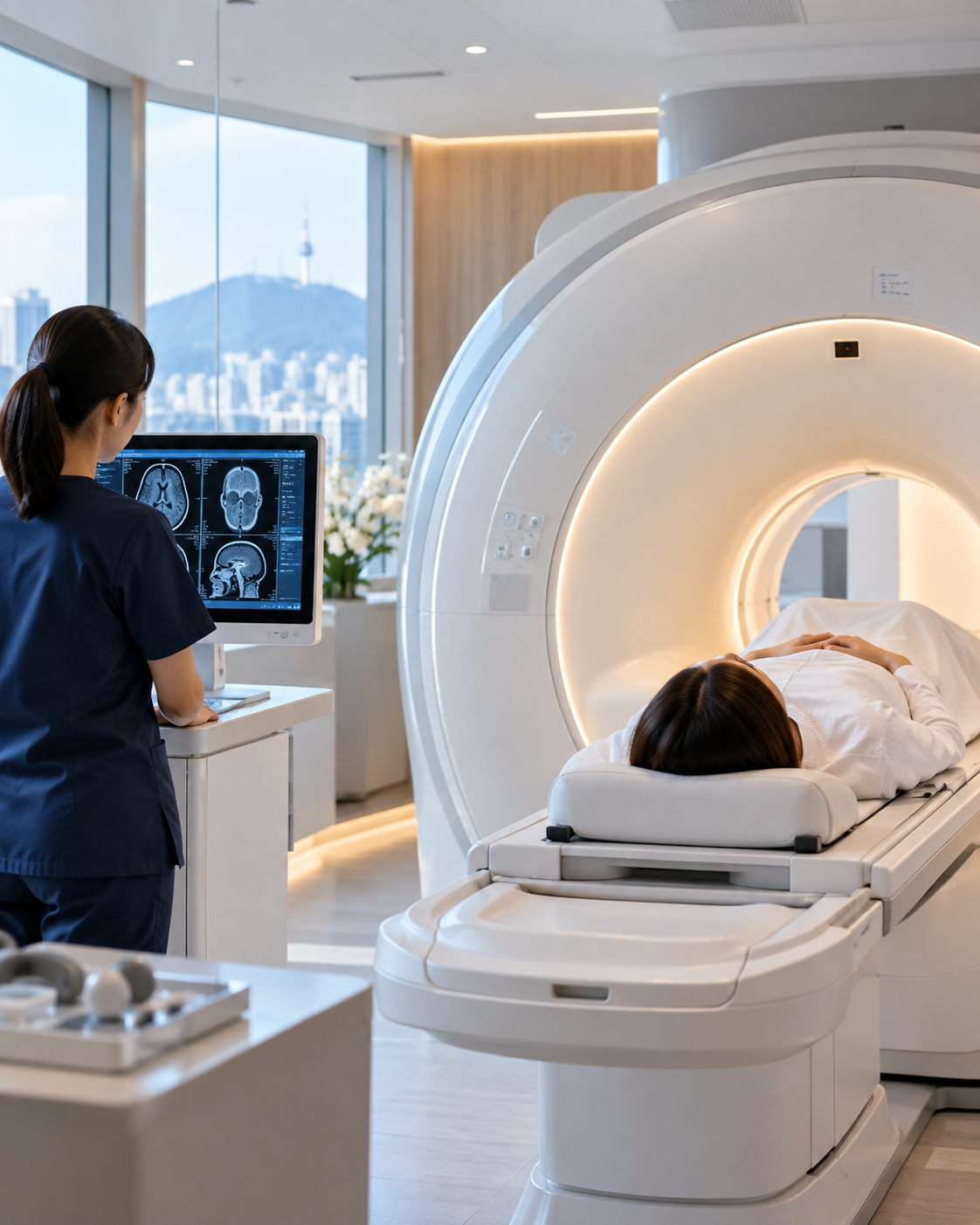 MRI diagnostics room with technician and patient at a premium medical facility