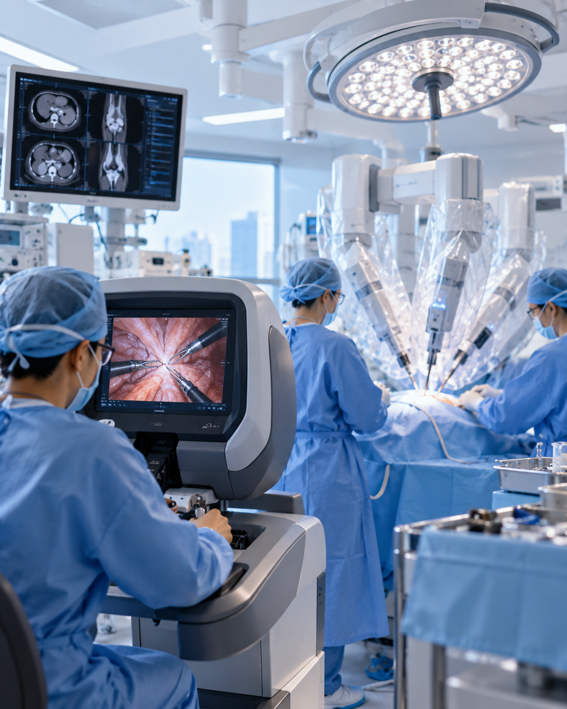 Surgical team performing robotic-assisted procedure in a modern operating theatre