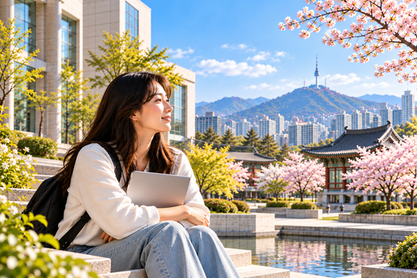 Students on a modern Asian university campus